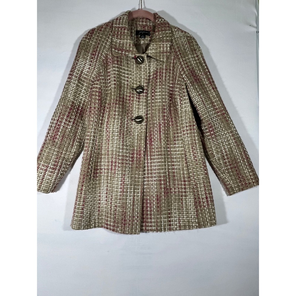 Josephine Petite Womens Tweed Blazer Jacket Tan‎ Pink White Button Front 6P